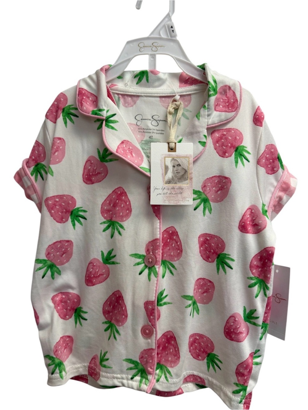 Jessica Simpson White Short Sleeve Button-Front Top with Pink Strawberry Print